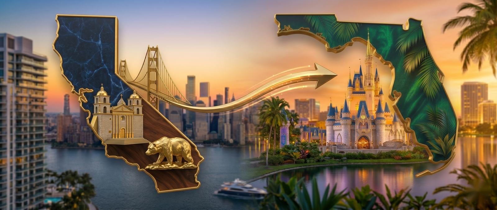 Moving from California to Florida - the California outline with iconic California landmarks and a gold arrow pointing to the State of Florida and the Orlando area, illustrating relocation from California to Central Florida