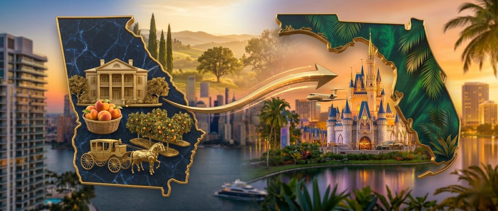 Moving from Georgia to Florida - the Georgia outline with iconic Georgia landmarks and a gold arrow pointing to the State of Florida and the Orlando area, illustrating relocation from Georgia to Central Florida