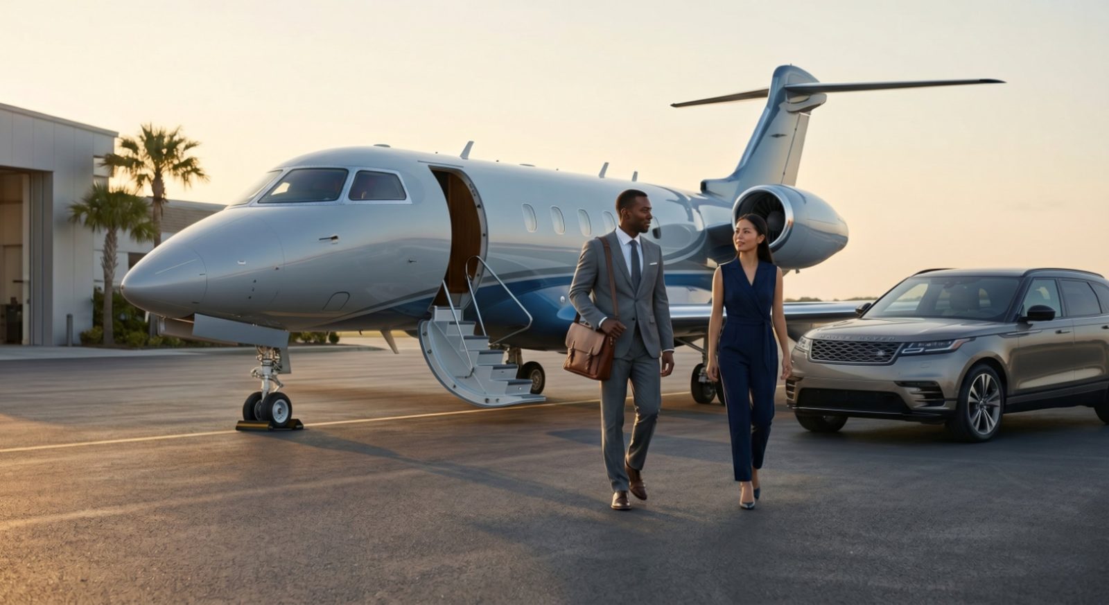 Couple walking from a private jet to a waiting luxury SUV at a Central Florida FBO at dusk