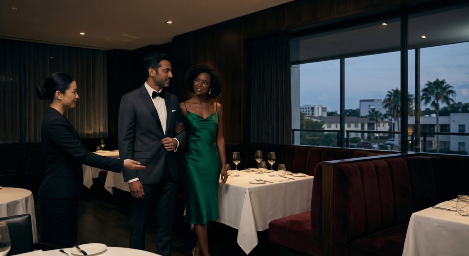 Couple in formal attire being seated at an upscale Central Florida fine-dining restaurant