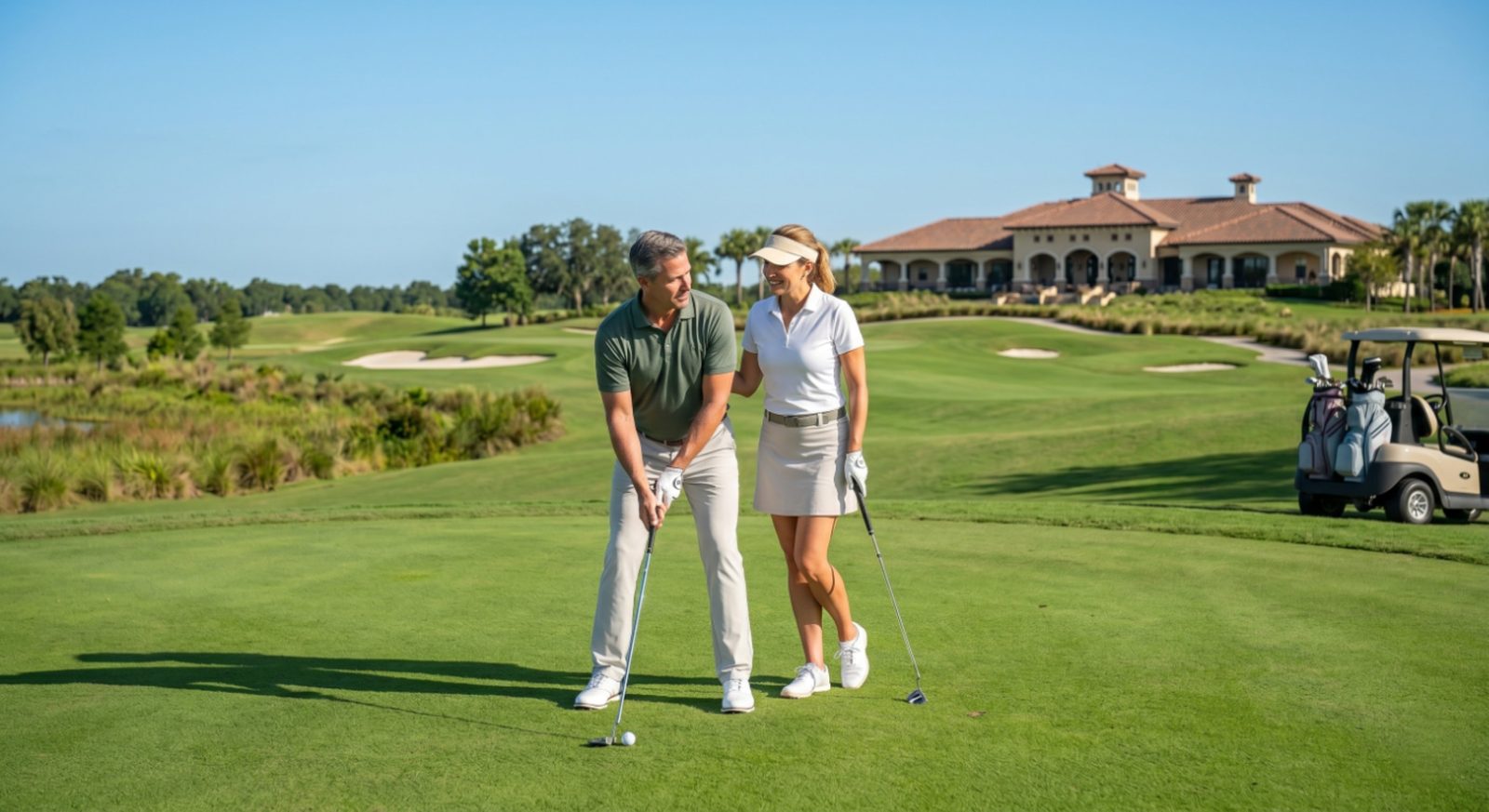 Couple playing golf at a private Central Florida country club with a Mediterranean clubhouse beyond the fairway