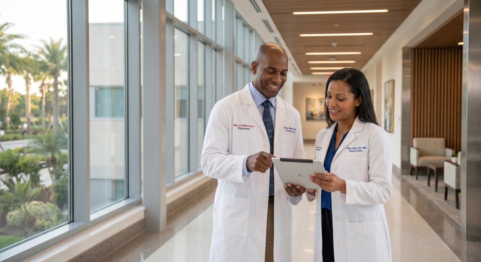 Two physicians conferring over a tablet in a sunlit modern Central Florida hospital corridor