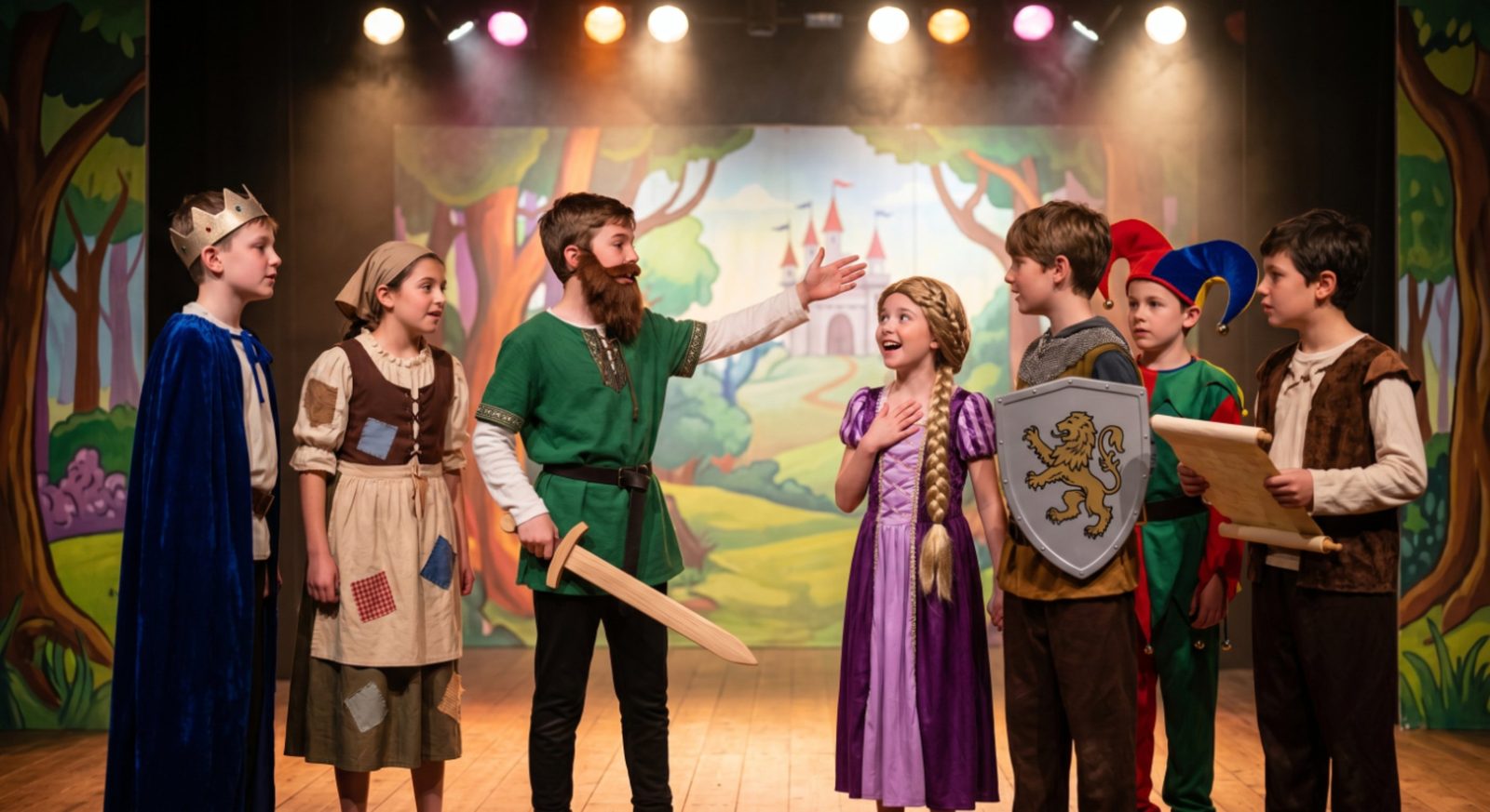 Children in costume performing a fairy-tale play on a youth-theater stage