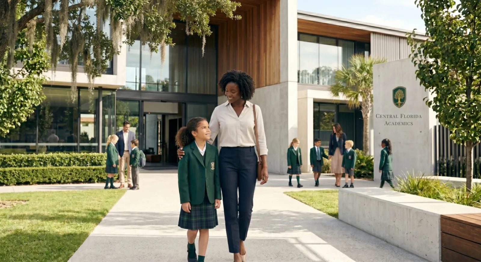 Parent and child in uniform walking the campus of a private academy in Central Florida