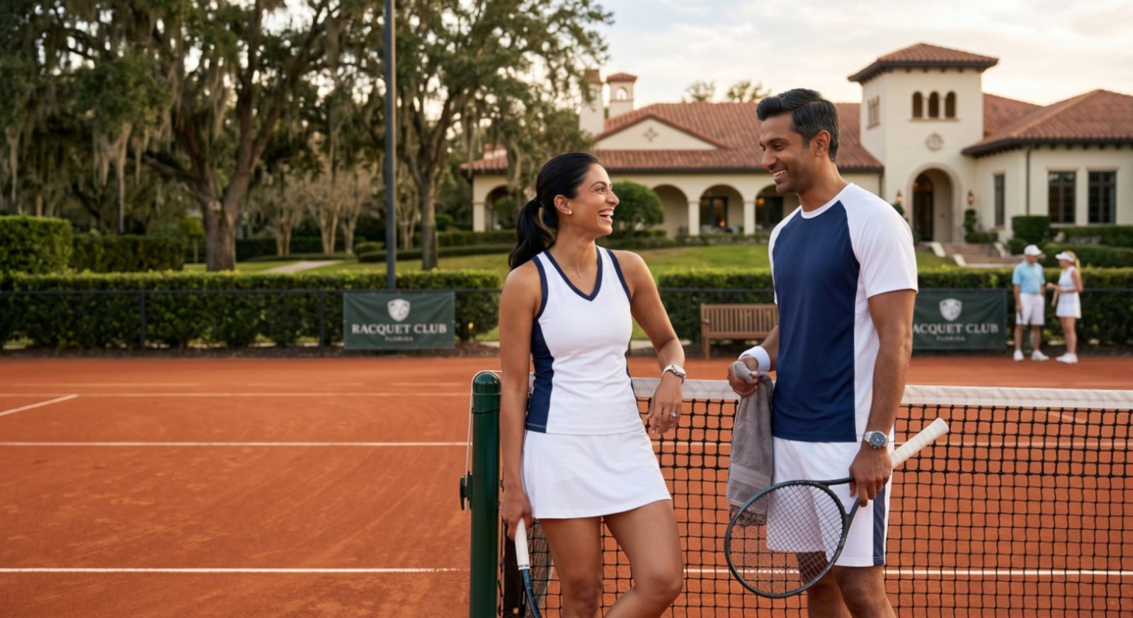 Couple in tennis whites at a private Central Florida racquet club with a Mediterranean clubhouse