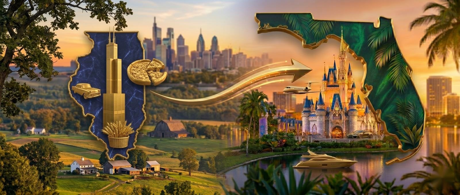 Moving from Illinois to Florida - the Illinois outline with iconic Illinois landmarks and a gold arrow pointing to the State of Florida and the Orlando area, illustrating relocation from Illinois to Central Florida