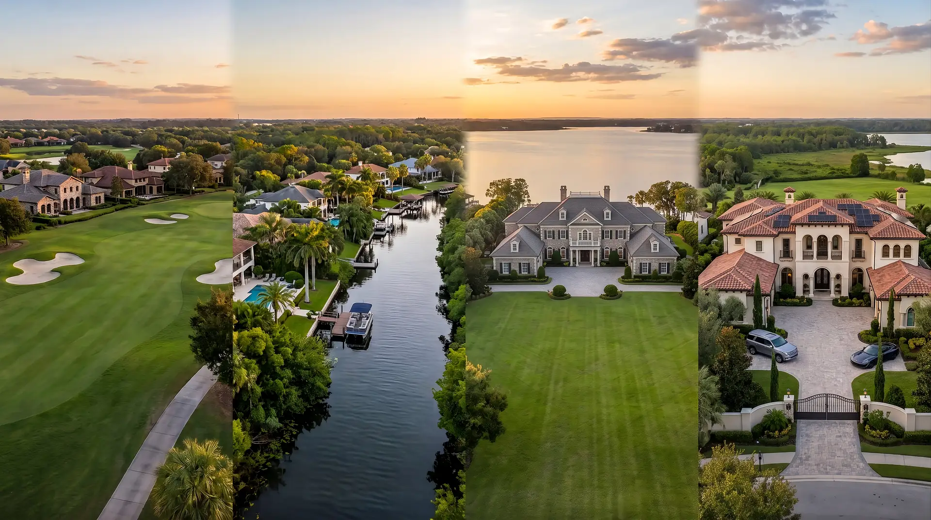 Central Florida golf front, canal front, lakefront and luxury estate homes at sunset