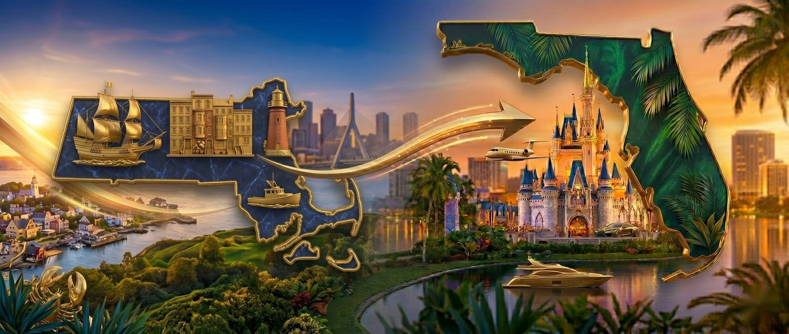 Moving from Massachusetts to Florida - the Massachusetts outline with iconic Massachusetts landmarks and a gold arrow pointing to the State of Florida and the Orlando area, illustrating relocation from Massachusetts to Central Florida
