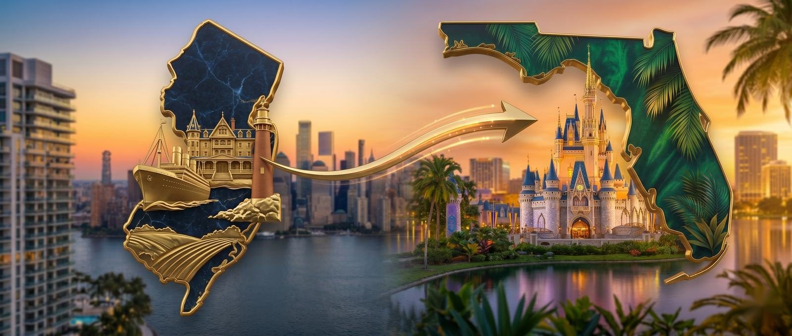 Moving from New Jersey to Florida - the New Jersey outline with iconic New Jersey landmarks and a gold arrow pointing to the State of Florida and the Orlando area, illustrating relocation from New Jersey to Central Florida