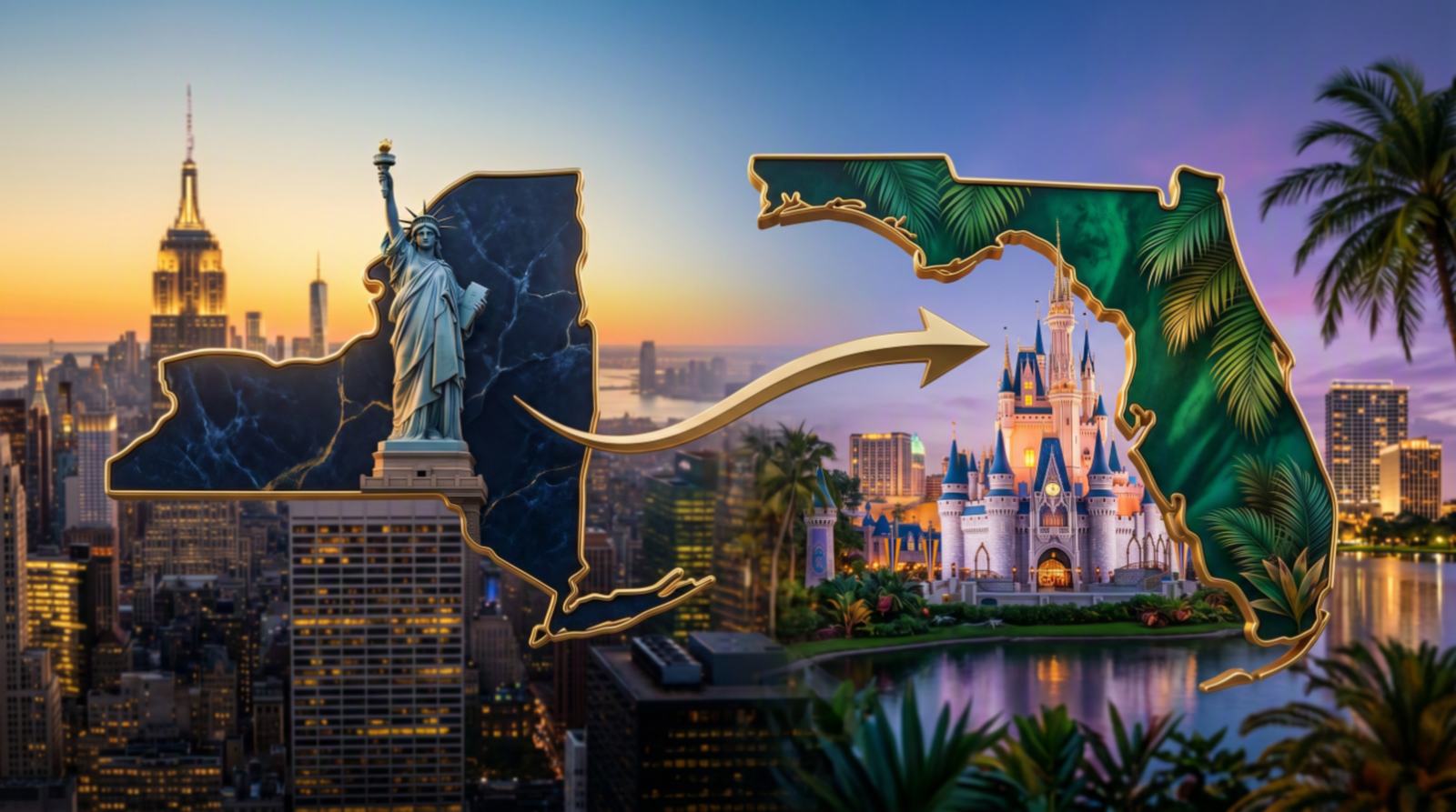 Moving from New York to Florida - the New York outline with iconic New York landmarks and a gold arrow pointing to the State of Florida and the Orlando area, illustrating relocation from New York to Central Florida