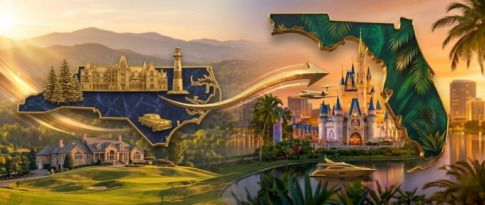 Moving from North Carolina to Florida - the North Carolina outline with iconic North Carolina landmarks and a gold arrow pointing to the State of Florida and the Orlando area, illustrating relocation from North Carolina to Central Florida