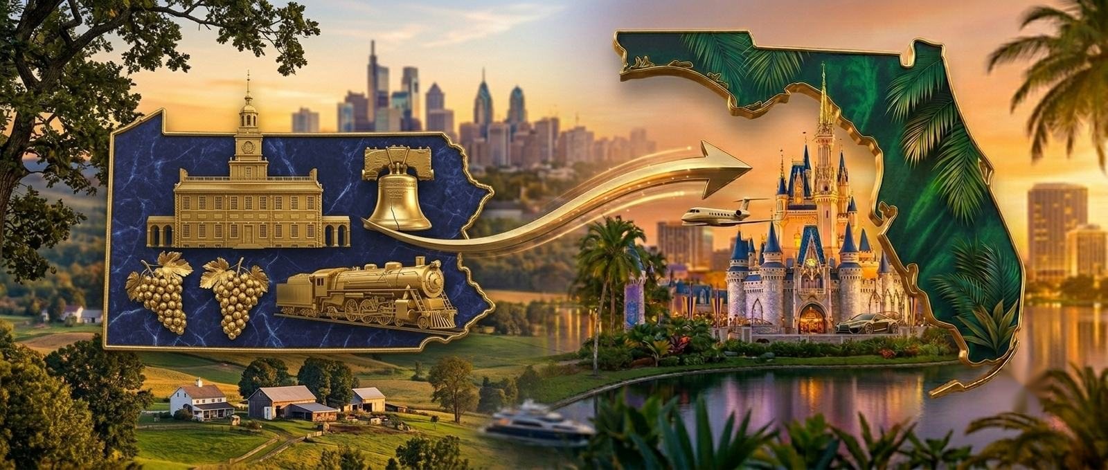 Moving from Pennsylvania to Florida - the Pennsylvania outline with iconic Pennsylvania landmarks and a gold arrow pointing to the State of Florida and the Orlando area, illustrating relocation from Pennsylvania to Central Florida