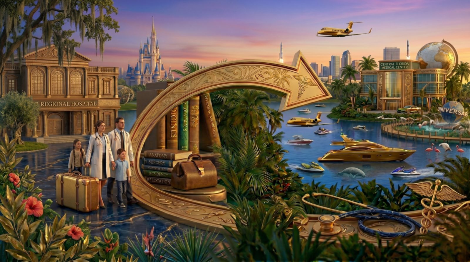 Physician family relocating to Central Florida with medical textbooks, a gold caduceus arrow, and Orlando landmarks including a regional hospital, a medical center, and the theme parks