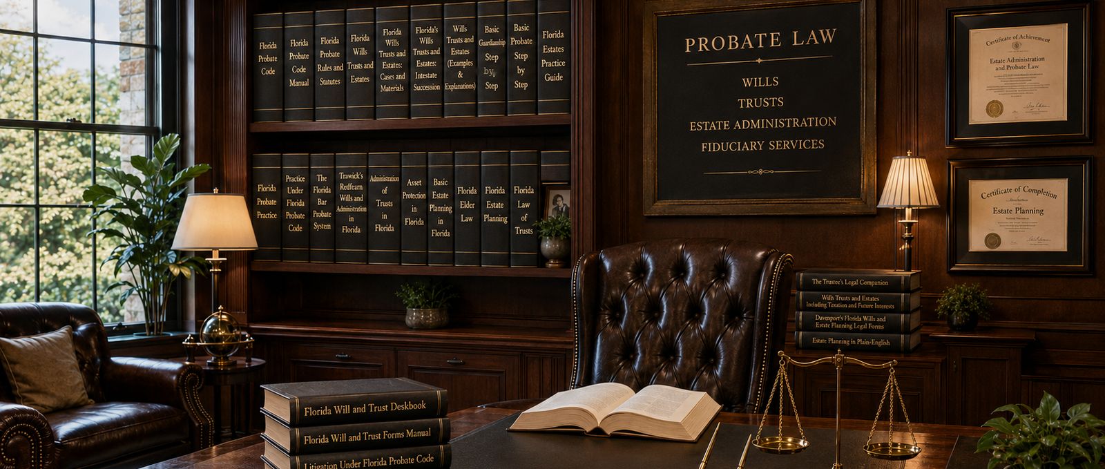 A Florida probate law library with the Florida Probate Code, wills and trusts references, brass scales of justice, and a Probate Law practice sign, representing the probate attorneys and estates Sean and Barb serve across Central Florida