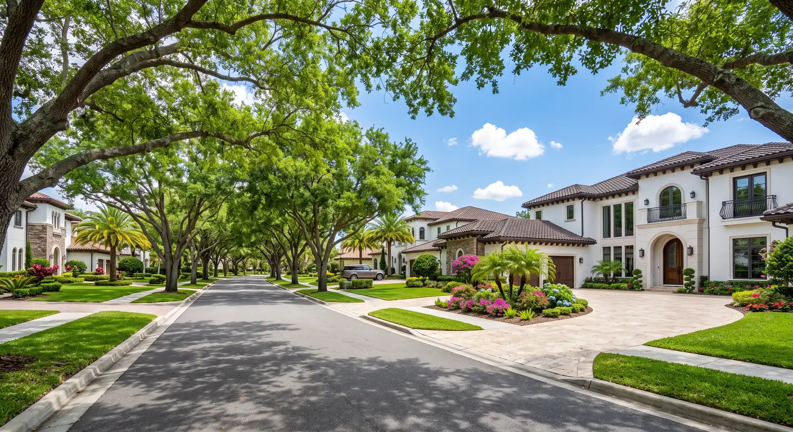 Tree-lined street of Central Florida luxury homes with manicured lawns and paver driveways
