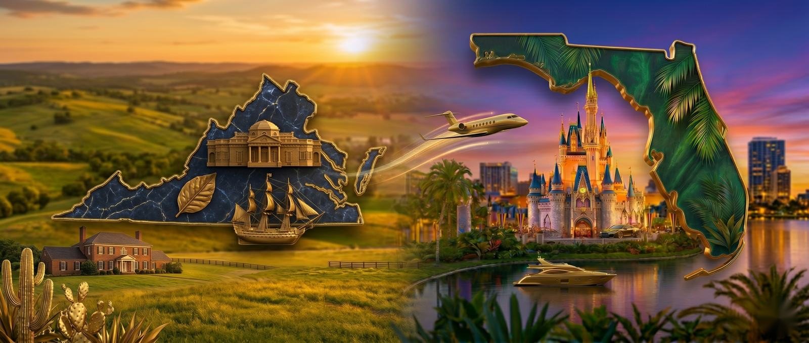 Moving from Virginia to Florida - the Virginia outline with iconic Virginia landmarks and a gold arrow pointing to the State of Florida and the Orlando area, illustrating relocation from Virginia to Central Florida
